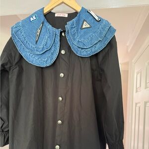 Black Blouse with Blue Denim Collar